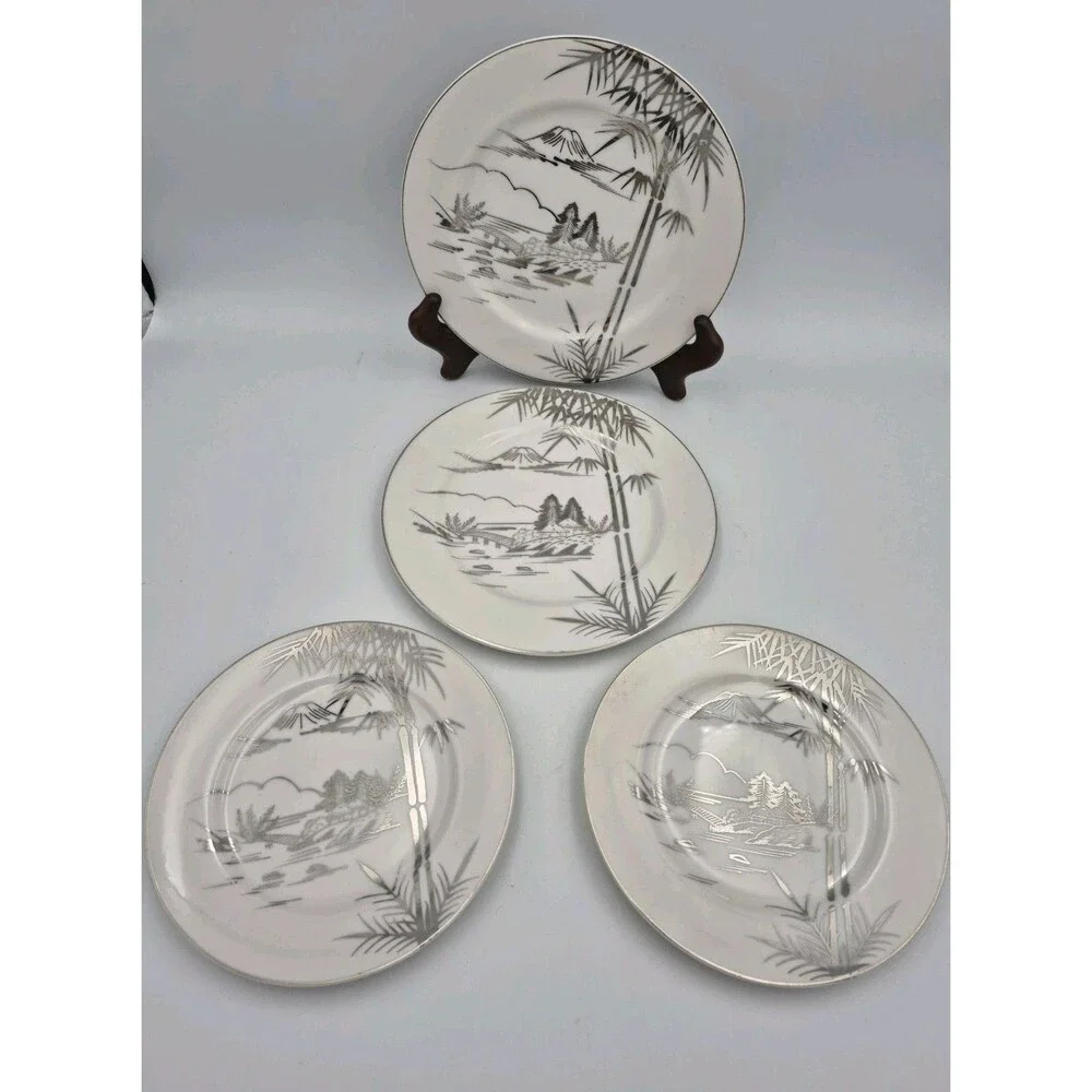 Antique Kutani Japanese China 2 Bread Plates, Mt Fuji Bamboo design 2 Saucers
